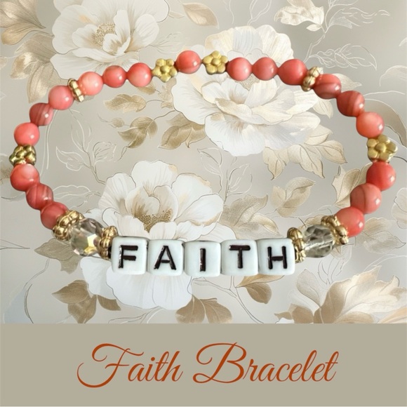 Faith Bracelet- 7” Little Words stretch FAITH bracelet, crystal & coral stone - Picture 1 of 5